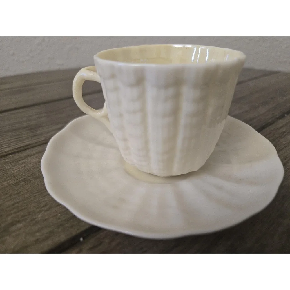Vintage Belleek Ireland Limpet Pattern Tea Cup & Saucer Set 6th green mark